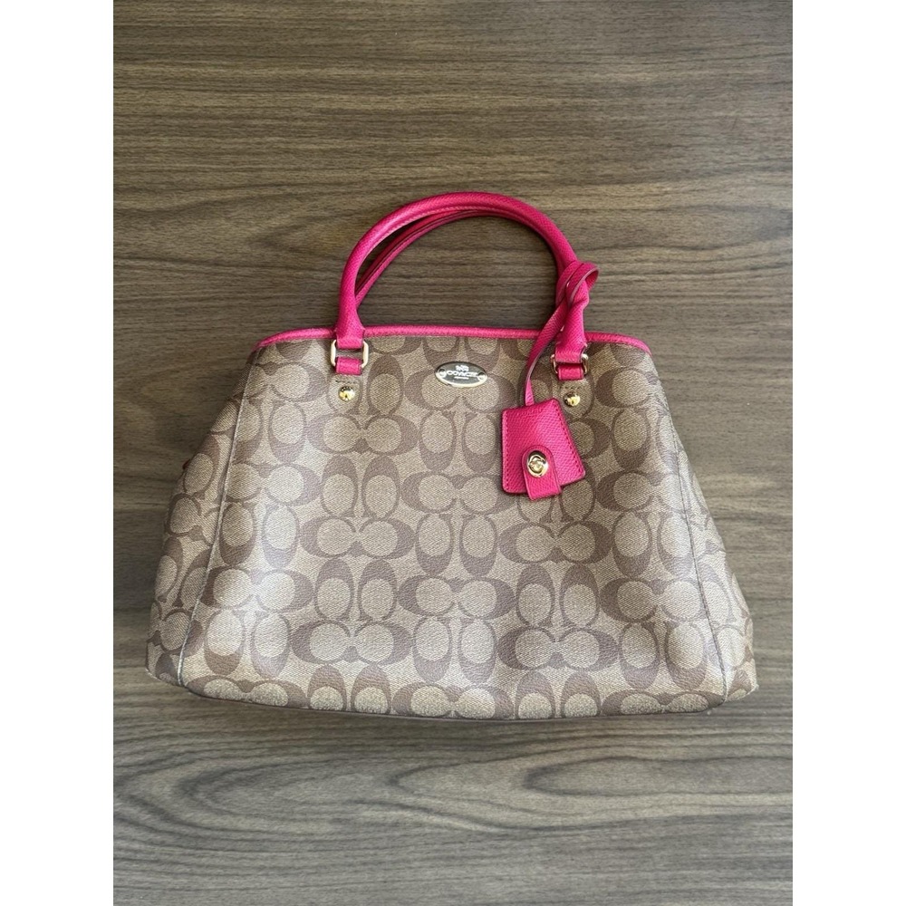Authentic COACH Signature Shoulder Hand Bag Leather Brown Pink
